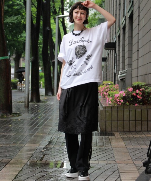 H.A.K（ハク）の「ナイロンコットンペーパーローン　カメリアスカラップレースレイヤードスカート（スカート・レディース・ブラック/ホワイト・FREE）」の5枚目の写真