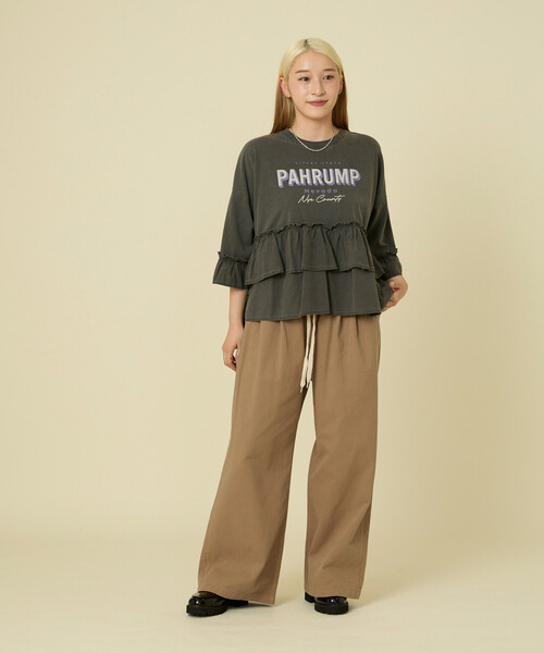 FREAK'S STORE(フリークスストア)の「ティアードフリルロゴ切替 7分袖Tシャツ(Tシャツ/カットソー・レディース・オフホワイト/マスタード/チャコール・フリ-)」の7枚目の写真