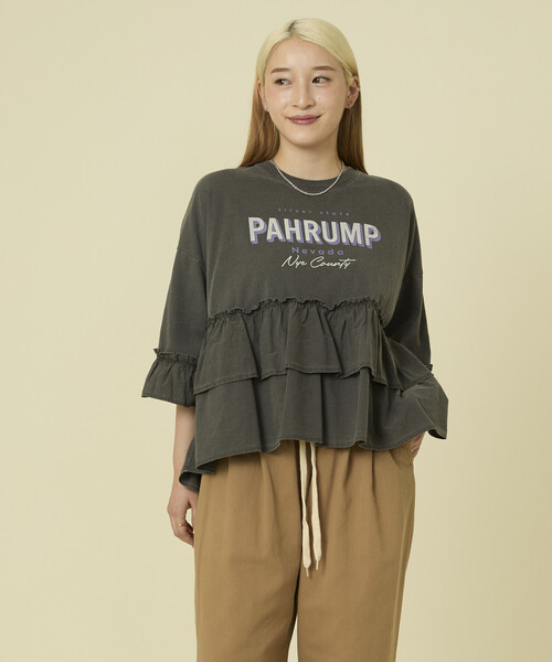 FREAK'S STORE(フリークスストア)の「ティアードフリルロゴ切替 7分袖Tシャツ(Tシャツ/カットソー・レディース・オフホワイト/マスタード/チャコール・フリ-)」の9枚目の写真