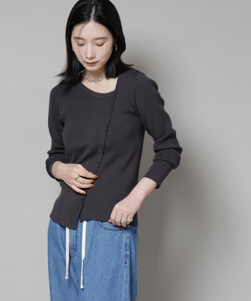 アシメネックデサインリブニットトップス（ニット/セーター）｜NANO