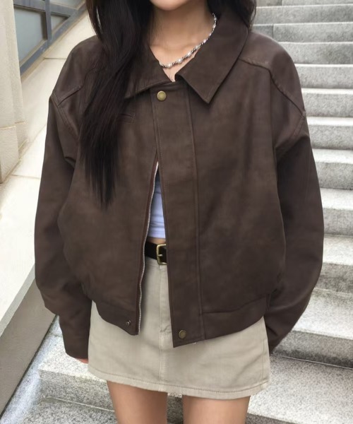 H.TOKYO（エイチトウキョウ）の「【マットな質感が上品】短丈ドロップショルダーライダースブルゾン（ブルゾン・レディース・ブラック/ブラウン・FREE）」の6枚目の写真