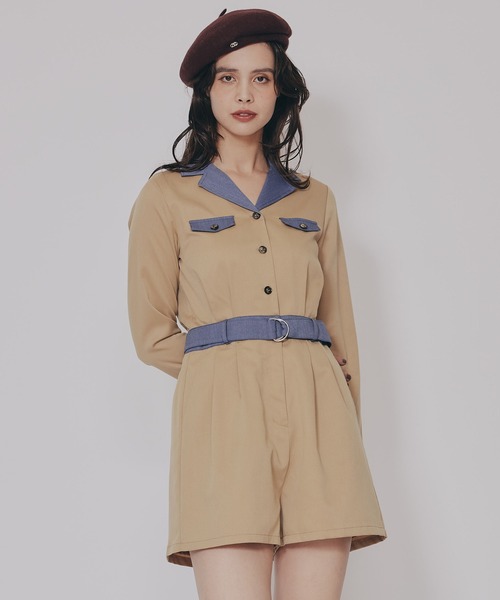 REDYAZEL（レディアゼル）の「バイカラーベルトショートオールインワン（つなぎ/オールインワン・レディース・ベージュ/ネイビー/ボルドー・SMALL/MEDIUM）」の2枚目の写真