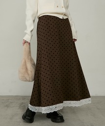 【Cherir Mignon】レースドッキングフロッキードットロングスカート