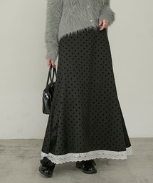 【Cherir Mignon】レースドッキングフロッキードットロングスカート