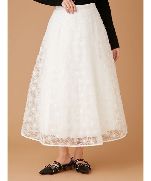 FURFUR（ファーファー）の「立体フラワーレーススカート（スカート・レディース・ホワイト/ブラック/サックスブルー・F）」の2枚目の写真