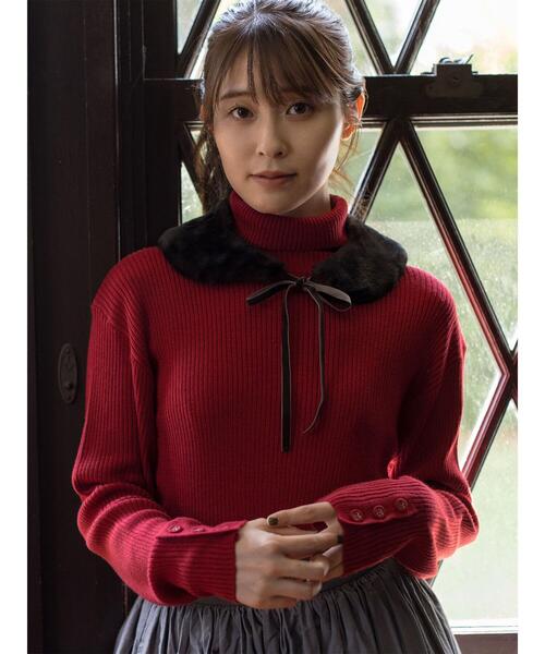 Samansa Mos2(サマンサ モスモス)の「【ゆべし×Samansa Mos2】ティペット付リブニット(ニット/セーター・レディース・ベージュ/レッド/ブラック/キャメル・F)」の1枚目の写真