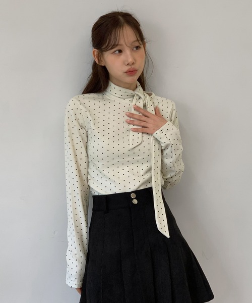 セール】【着用動画あり・3色展開】ドットリボンハイネックトップス（T