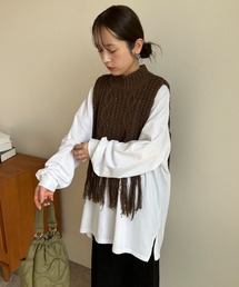 ケーブル編みフリンジベスト