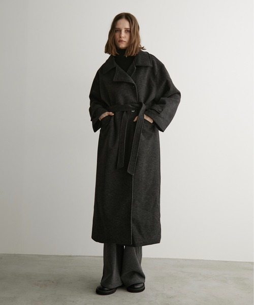 専用size52 エトロ 肉厚ウールニット製ロングコート 裏地付き ブラック ウールミックスオーバーサイズ2wayハイネックメルトンロングコート