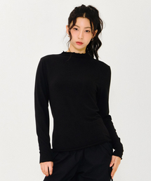 レディースフリルハーフネックTシャツ-ブラック