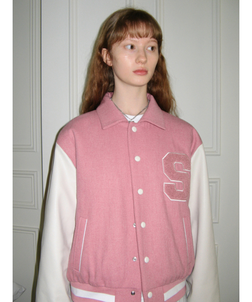 SINOON(シヌーン)の「CLASSIC LOGO AWARD JACKET (PALE PINK)(スタジャン・レディース・ベビーピンク・FREE)」の3枚目の写真