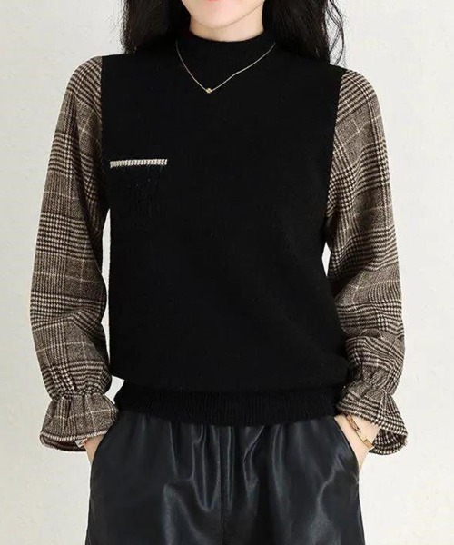 SallyLunn(サリーラン)の「チェックフリルスリーブニットトップス(ニット/セーター・レディース・ブラック/ブラウン/ベージュ・FREE)」の12枚目の写真