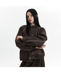 CURETTY（キュリティ）の「C LINE TRIM FAUX SHEARLING JACKET_BROWN（ライダースジャケット）」