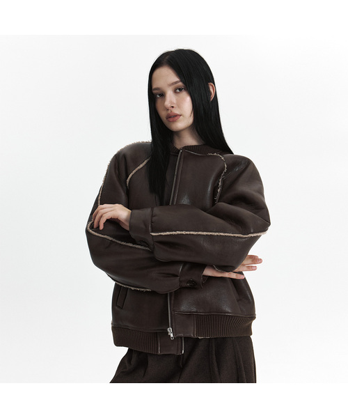 CURETTY(キュリティ)の「C LINE TRIM FAUX SHEARLING JACKET_BROWN(ライダースジャケット・レディース・ブラウン・SMALL)」の1枚目の写真