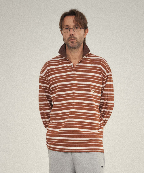 Striped collar raglan T‑shirt_BROWN — полосатая футболка с воротником реглан коричневая