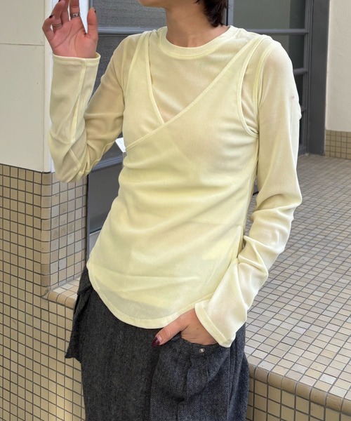 CROSS LAYERED FLOCKY TULLE TOP（Tシャツ/カットソー）｜Ameri