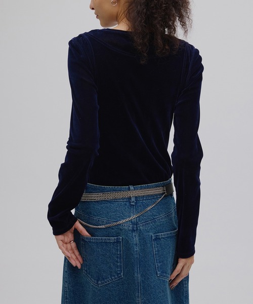 Ameri（アメリ）の「CROSS LAYERED FLOCKY TULLE TOP（Tシャツ/カットソー・レディース・レモンイエロー/パープル/ネイビー・FREE）」の5枚目の写真