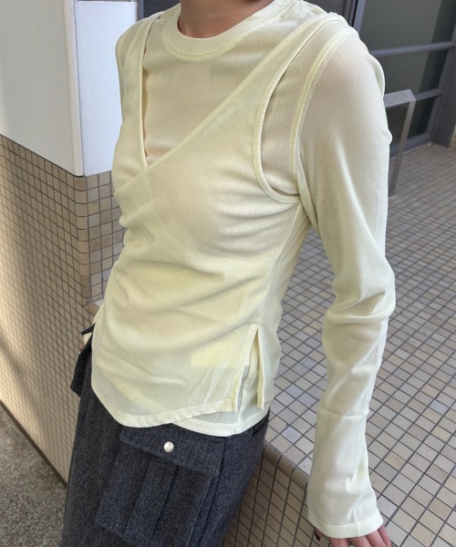 CROSS LAYERED FLOCKY TULLE TOP（Tシャツ/カットソー）｜Ameri