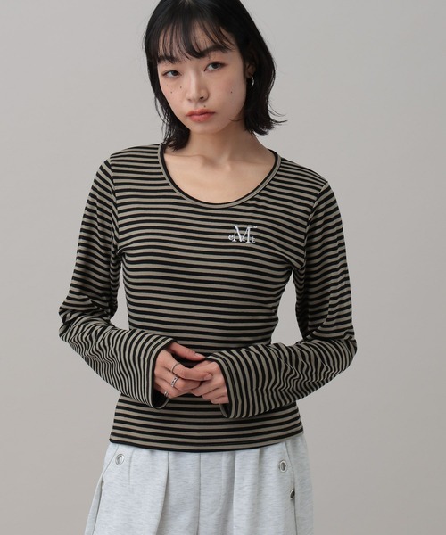 MUCENT（ムセント）の「MUCENT／ＵネックボーダーロングスリーブT（Tシャツ/カットソー・レディース・ベージュ/チャコール/ホワイト・FREE）」の3枚目の写真