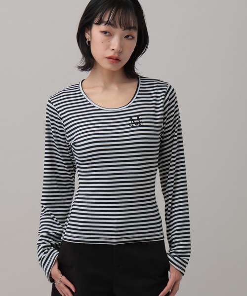 MUCENT（ムセント）の「MUCENT／ＵネックボーダーロングスリーブT（Tシャツ/カットソー・レディース・ベージュ/チャコール/ホワイト・FREE）」の2枚目の写真