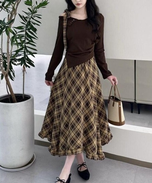 セール】一枚で完成【上下セット】アシメトップス&チェック柄ロング