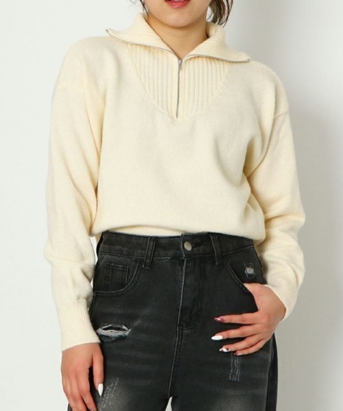 GORGE（ゴージ）の「《ハーフZIP×ショート丈》レディース ニットプルオーバー リブ切替 秋冬（ニット/セーター・レディース・オレンジ/アイボリー/ブラック・F）」の2枚目の写真