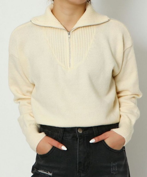 GORGE（ゴージ）の「《ハーフZIP×ショート丈》レディース ニットプルオーバー リブ切替 秋冬（ニット/セーター・レディース・オレンジ/アイボリー/ブラック・F）」の8枚目の写真