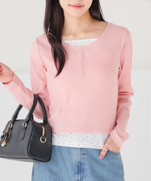 Honeys(ハニーズ)の「レイヤード風トップス(Tシャツ/カットソー・レディース・杢グレー/ブラック/イエロー/ピンク・L/M/S)」の1枚目の写真