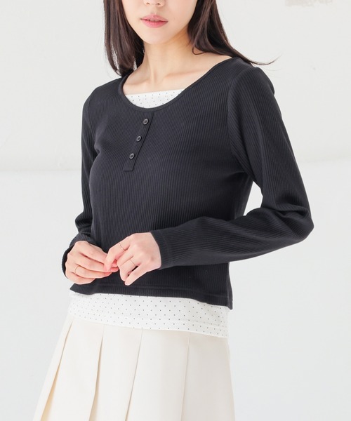 Honeys(ハニーズ)の「レイヤード風トップス(Tシャツ/カットソー・レディース・杢グレー/ブラック/イエロー/ピンク・L/M/S)」の2枚目の写真
