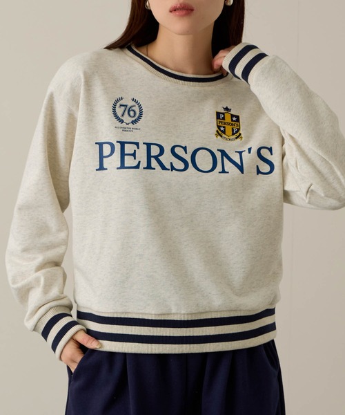 PERSON'S(パーソンズ)の「PERSON'S 別注デザイン リブライントレーナー(スウェット・レディース・ブルー/オートミール/ネイビー・S/FREE)」の1枚目の写真