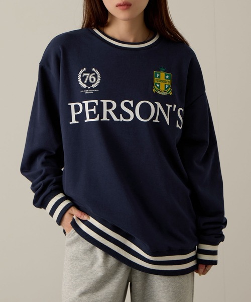 PERSON'S(パーソンズ)の「PERSON'S 別注デザイン リブライントレーナー(スウェット・レディース・ブルー/オートミール/ネイビー・S/FREE)」の2枚目の写真