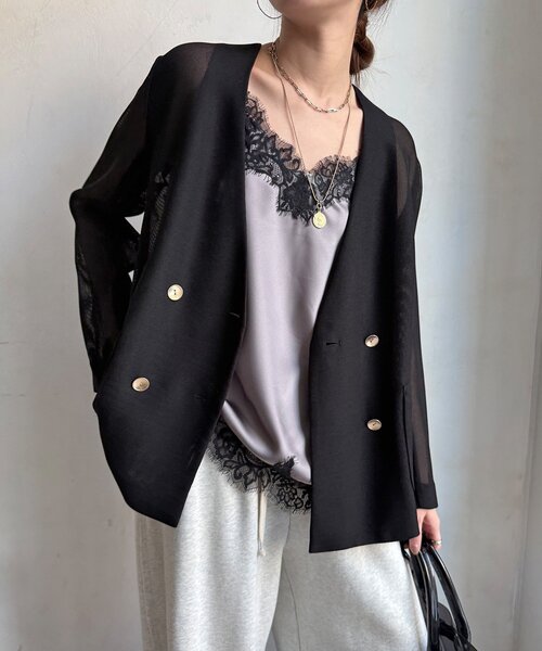DouDou（ドゥドゥ）の「メッシュノーカラーバックリボンジャケット（テーラードジャケット・レディース・ベージュ/ブラック/チャコールグレー・FREE）」の2枚目の写真