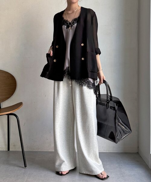 DouDou（ドゥドゥ）の「メッシュノーカラーバックリボンジャケット（テーラードジャケット・レディース・ベージュ/ブラック/チャコールグレー・FREE）」の8枚目の写真