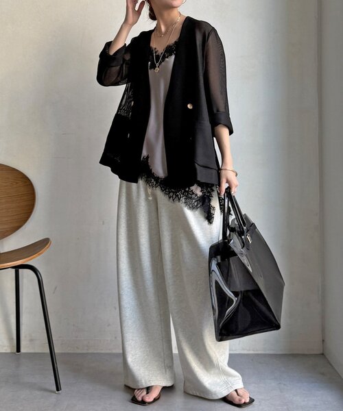 DouDou（ドゥドゥ）の「メッシュノーカラーバックリボンジャケット（テーラードジャケット・レディース・ベージュ/ブラック/チャコールグレー・FREE）」の10枚目の写真