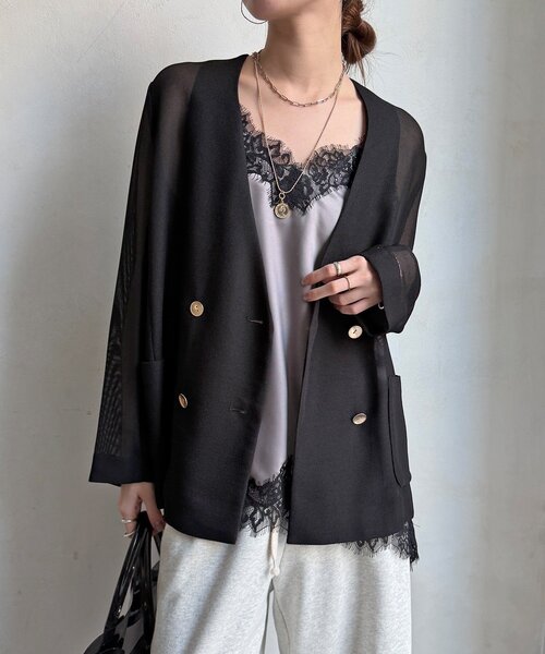 DouDou（ドゥドゥ）の「メッシュノーカラーバックリボンジャケット（テーラードジャケット・レディース・ベージュ/ブラック/チャコールグレー・FREE）」の13枚目の写真