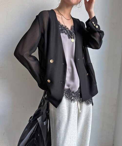 DouDou（ドゥドゥ）の「メッシュノーカラーバックリボンジャケット（テーラードジャケット・レディース・ベージュ/ブラック/チャコールグレー・FREE）」の14枚目の写真