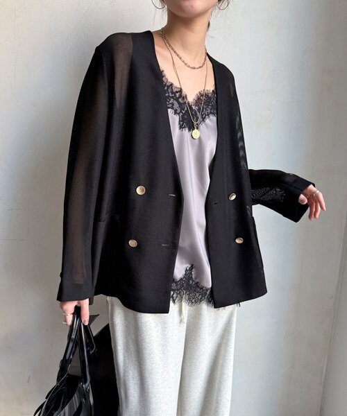 DouDou（ドゥドゥ）の「メッシュノーカラーバックリボンジャケット（テーラードジャケット・レディース・ベージュ/ブラック/チャコールグレー・FREE）」の15枚目の写真