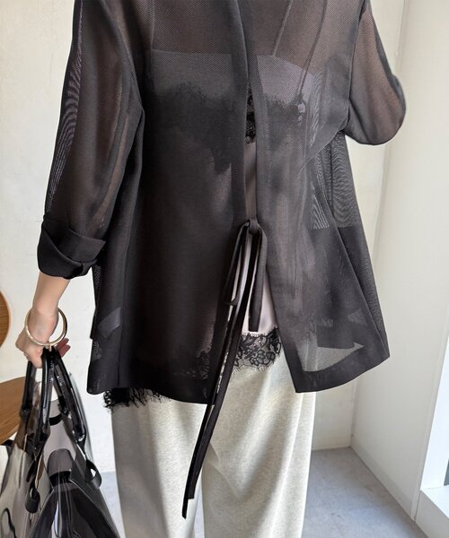 DouDou（ドゥドゥ）の「メッシュノーカラーバックリボンジャケット（テーラードジャケット・レディース・ベージュ/ブラック/チャコールグレー・FREE）」の16枚目の写真