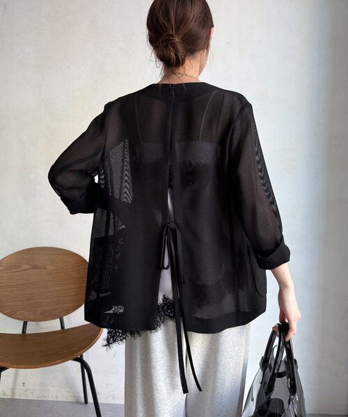 DouDou（ドゥドゥ）の「メッシュノーカラーバックリボンジャケット（テーラードジャケット・レディース・ベージュ/ブラック/チャコールグレー・FREE）」の17枚目の写真