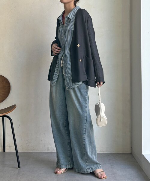 DouDou（ドゥドゥ）の「メッシュノーカラーバックリボンジャケット（テーラードジャケット・レディース・ベージュ/ブラック/チャコールグレー・FREE）」の20枚目の写真