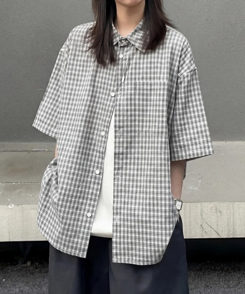 yuue' ( wear )(ユーイ)の「オーバーサイズチェック柄半袖シャツ/ユニセックス(シャツ/ブラウス・レディース・アイボリー・FREE)」の1枚目の写真