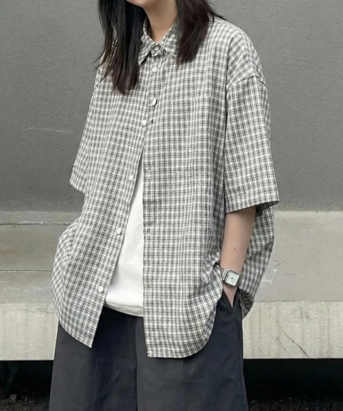 yuue' ( wear )(ユーイ)の「オーバーサイズチェック柄半袖シャツ/ユニセックス(シャツ/ブラウス・レディース・アイボリー・FREE)」の9枚目の写真