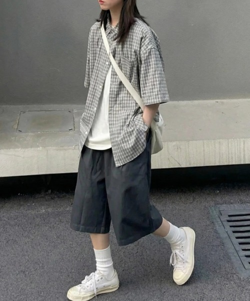 yuue' ( wear )(ユーイ)の「オーバーサイズチェック柄半袖シャツ/ユニセックス(シャツ/ブラウス・レディース・アイボリー・FREE)」の11枚目の写真