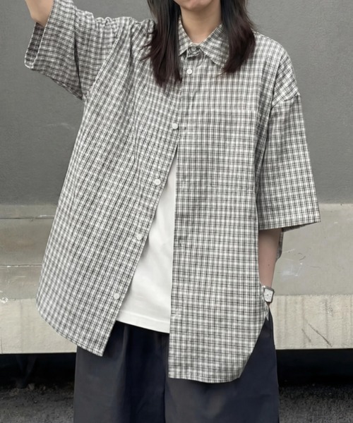 yuue' ( wear )(ユーイ)の「オーバーサイズチェック柄半袖シャツ/ユニセックス(シャツ/ブラウス・レディース・アイボリー・FREE)」の2枚目の写真