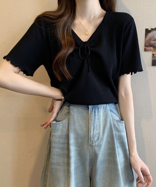 SallyLunn(サリーラン)の「フロントリボンVネックリブトップス(Tシャツ/カットソー・レディース・レッド/ブラック・LARGE/MEDIUM)」の10枚目の写真