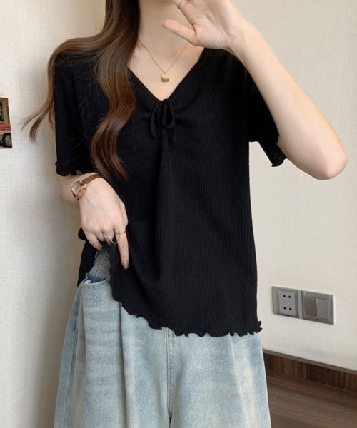 SallyLunn(サリーラン)の「フロントリボンVネックリブトップス(Tシャツ/カットソー・レディース・レッド/ブラック・LARGE/MEDIUM)」の13枚目の写真