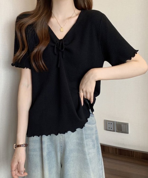 SallyLunn(サリーラン)の「フロントリボンVネックリブトップス(Tシャツ/カットソー・レディース・レッド/ブラック・LARGE/MEDIUM)」の15枚目の写真