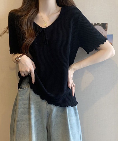 SallyLunn(サリーラン)の「フロントリボンVネックリブトップス(Tシャツ/カットソー・レディース・レッド/ブラック・LARGE/MEDIUM)」の16枚目の写真