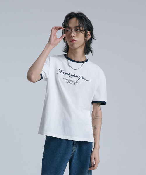 TEN PAST SEVEN(テン ファスト セブン)の「レタリングリンガーTシャツ(3カラー)(Tシャツ/カットソー・メンズ・ホワイト/スカイブルー/ブルー・SMALL/MEDIUM/LARGE)」の4枚目の写真