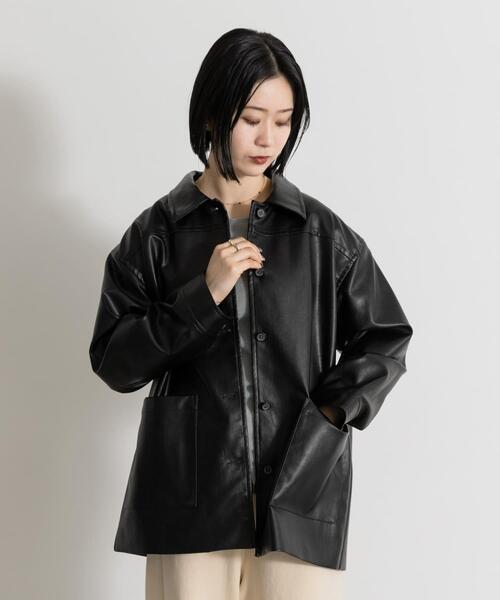 MIDIUMISOLID（ミディウミソリッド）の「MIDIUMISOLID　synthetic leather over size blouson（その他アウター・レディース・ブラック/ブラウン・FREE）」の3枚目の写真